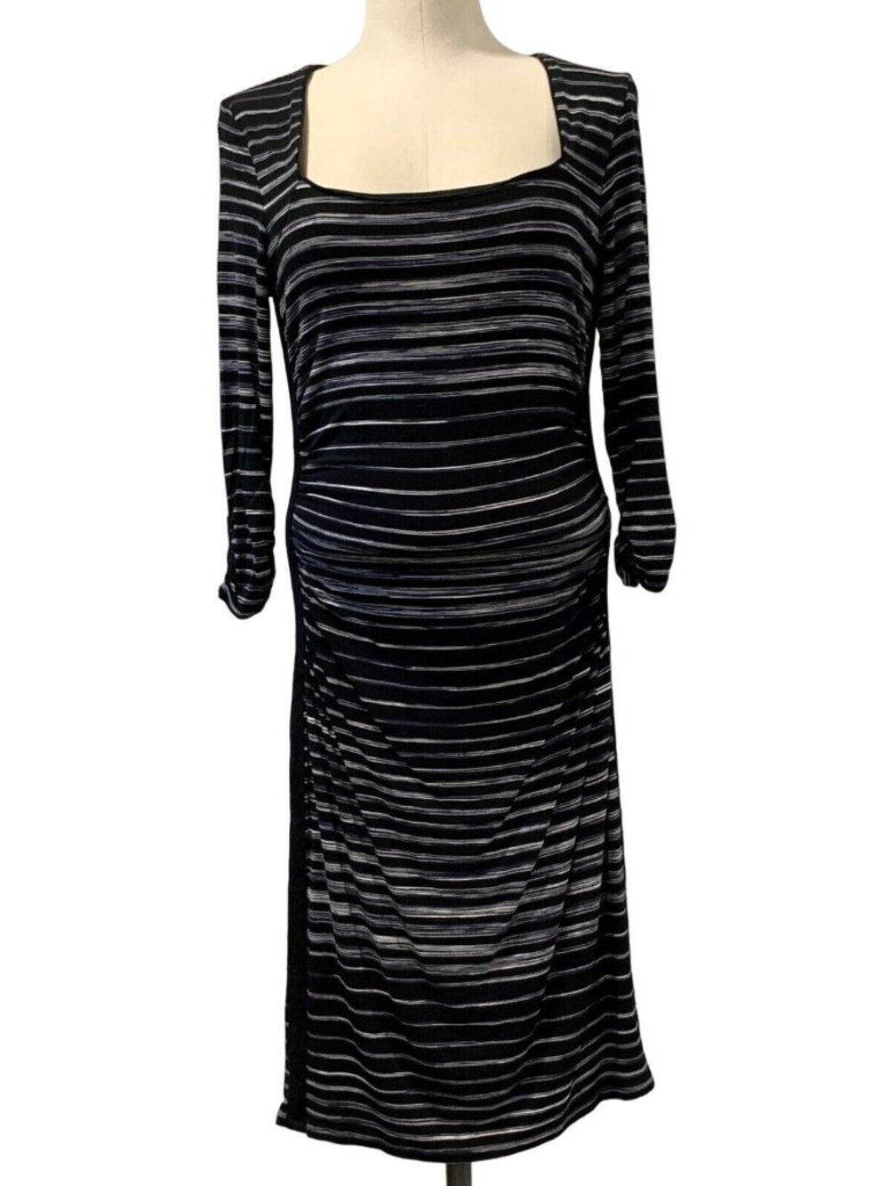 White House Black Market 3/4 Sleeve Dress Small Striped Black Gray Ruched Lined